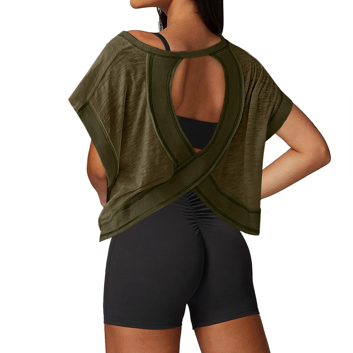 UNIANKIYA Open Back Workout Tops for Women Loose Fit Athletic Crop Tee Short Sleeve Gym Running Yoga Shirt Army Green