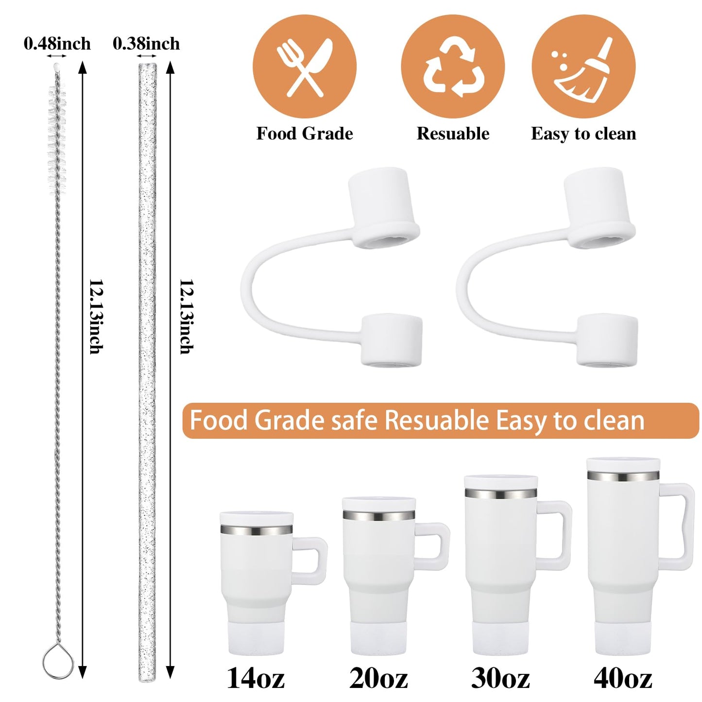 FoldTier 11 Pcs Glitter Silicone Boot Sleeve Compatible with Stanley 40 oz 30 oz Tumbler, 2 Glitter Silicone Boot Sleeve, 6 Plastic Glitter Straw, 2 Straw Cover Cap, 1 Cleaning Brush(White)