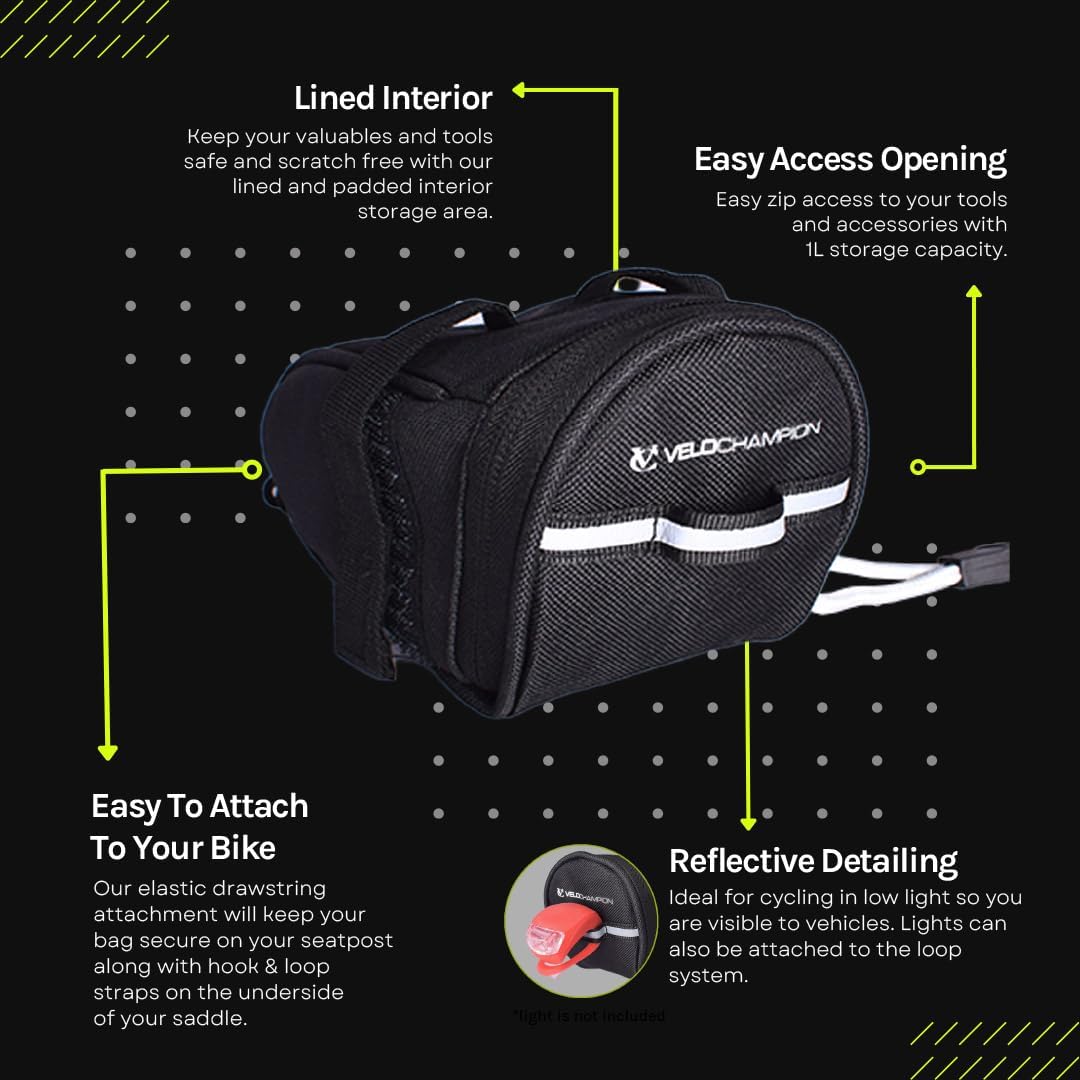 VeloChampion Black Bike Seat Pack Under Saddle Bag | 1 Litre Storage | Ideal for Mountain Road or Hybrid Bikes | Reflective | Water Resistant | Perfect for Repair Kits and Cycling Accessories