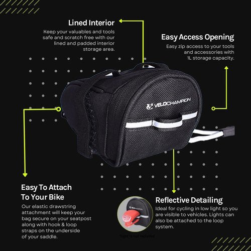 Bike Seat Pack Under Saddle Bag - 1L Water Resistant Storage for Mountain & Road Bikes | Reflective Cycling Accessory
