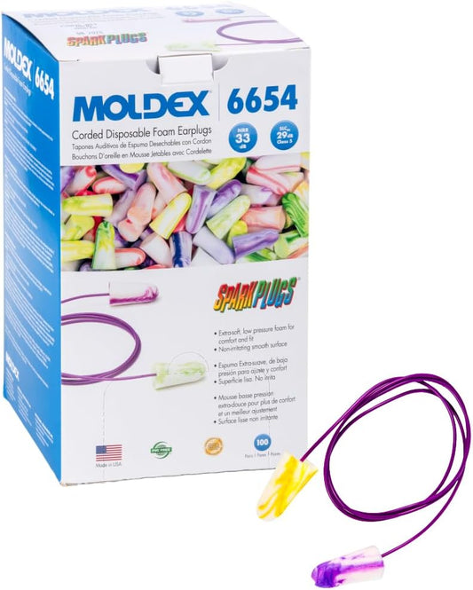 Moldex SparkPlugs® Corded Soft Foam Earplugs – Comfortable Disposable Ear Plugs for Hearing Protection, Noise Reduction, NRR 33dB, Individually Wrapped, 100 Pairs, 6654