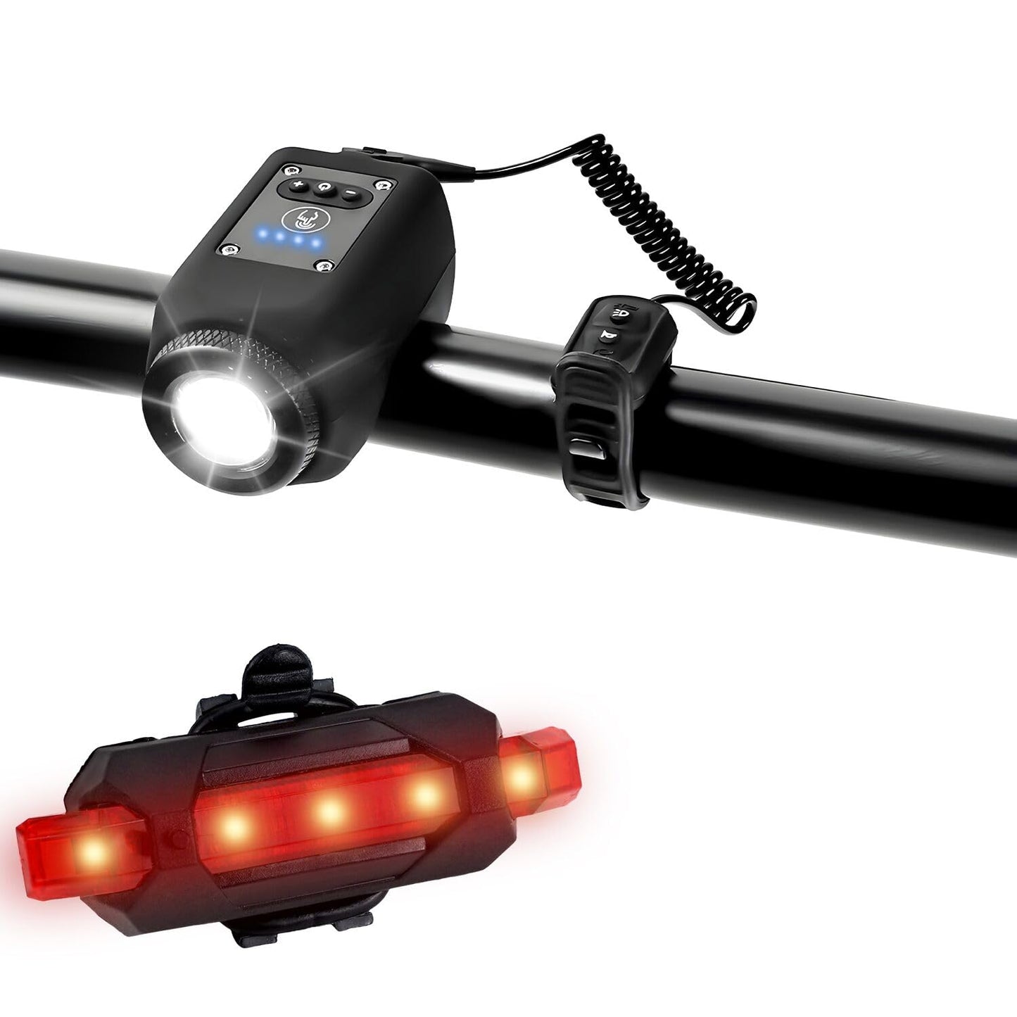 Abnaok Bike Light with Horn，USB Rechargeable Bike Light Set 120dB Powerful Bicycle Front Headlight and Back Taillight, 4 Light Modes, 6 Sound Modes，Easy to Install for Road Mountain Cycling