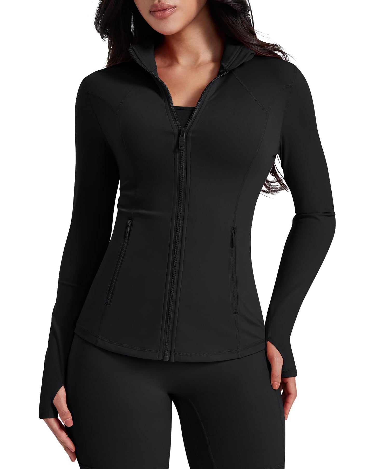 AVGO Womens Workout Jackets Lightweight Athletic Zip Up Jacket Slim Fit Running Gym Top with Pockets & Thumb Holes(Black, S)