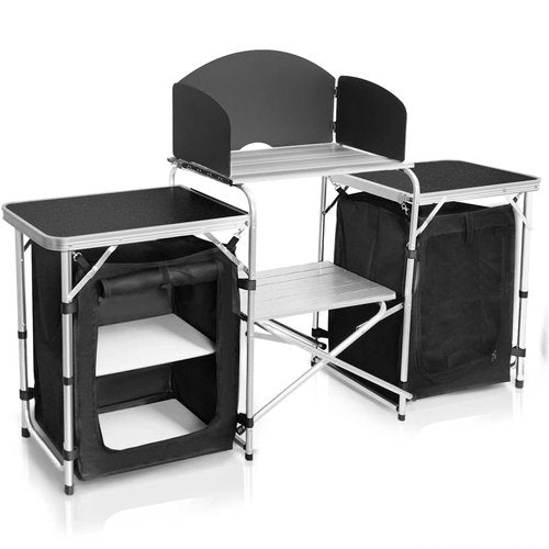 CampLand Folding Cooking Table Outdoor Portable Cook Station Aluminum Camping Kitchen with Storage Organizer, Windscreen, Hooks for BBQ, Party (Black2cabinet)