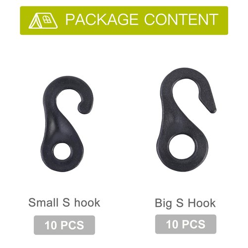 BRILLIANCE4U S-Shape Plastic Tent Hook Clips 20 Pack Combo, Shock Cord Hooks, Guy Line Attachments, Tent Part Accessories