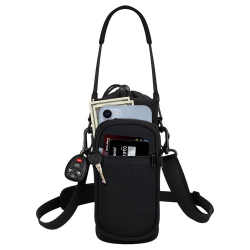 Bstge Water Bottle Holder with Strap, Water Bottle Carrier Bag with Phone Pocket, Shoulder Hand Strap Insulated Neoprene 32 oz Water Bottle Sleeve for Walking Hiking Camping Gym(black)