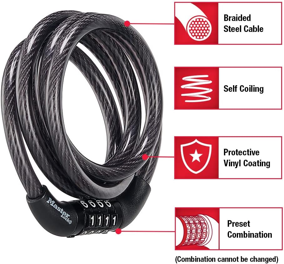 Master Lock Bike Lock Cable with Combination Black, 8143D