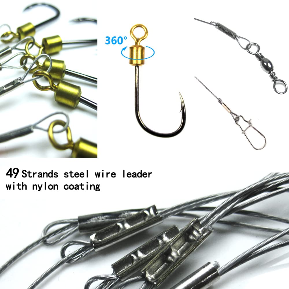 Fishing Hook with Leader,5 Hooks Fishing Rig-7 Strands Nylon Coated Fishing Leader with Swivle,Snap,Hooks