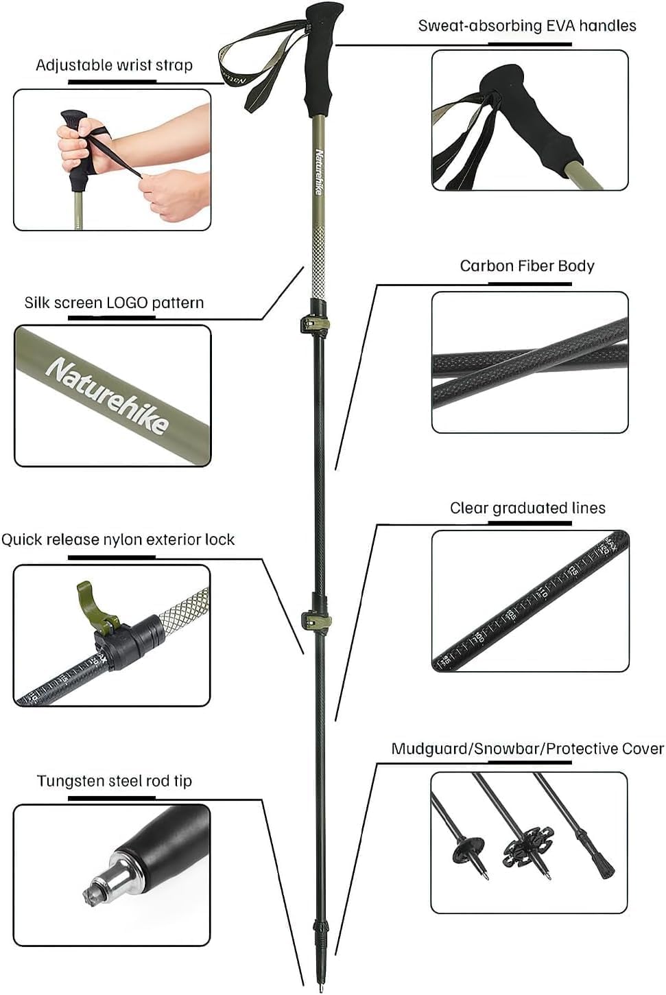 Naturehike 3K Carbon Fiber Trekking Poles-Collapsible and Telescopic 3 Section Ultralight Hiking Poles for Women Men Walking Poles Travel Backpacking Camping (Navy Blue / 53.1 inch)