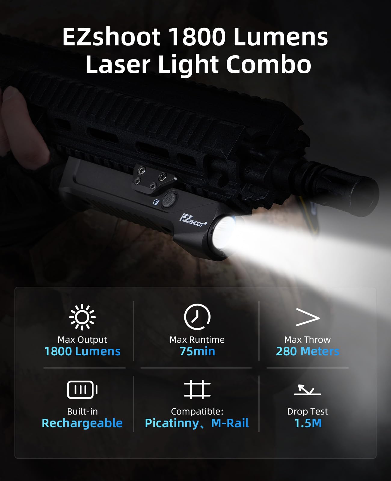 EZshoot 1800 Lumens Rifle Light Compatible with Picatinny and M-Rail, Rifle Flashlight with Magnetic Rechargeable, Tactical Flashlight with Strobe for Home Denfence, Hunting