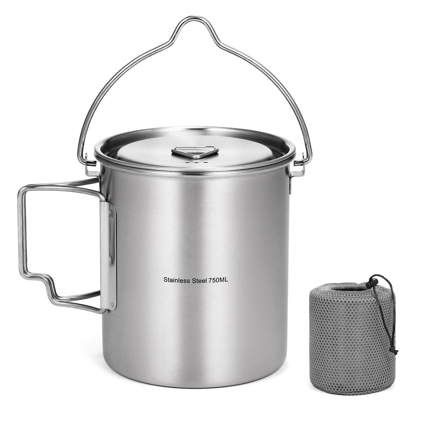 Ailgely 750ml Stainless Steel Cup with Gradation Marks, Foldable Handle, Lid, and Mesh Bag for Camping, Hiking, Picnic (750ml hanging pot)