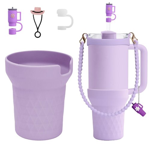 High Silicone Boot for Stanley 40oz Tumbler Accessories, Protective Water Bottle Bottom, Compatible with Stanley Quencher 40oz Only, 1PC Water Bottle Handle, 3PCS Straw Cover Caps (Purple)