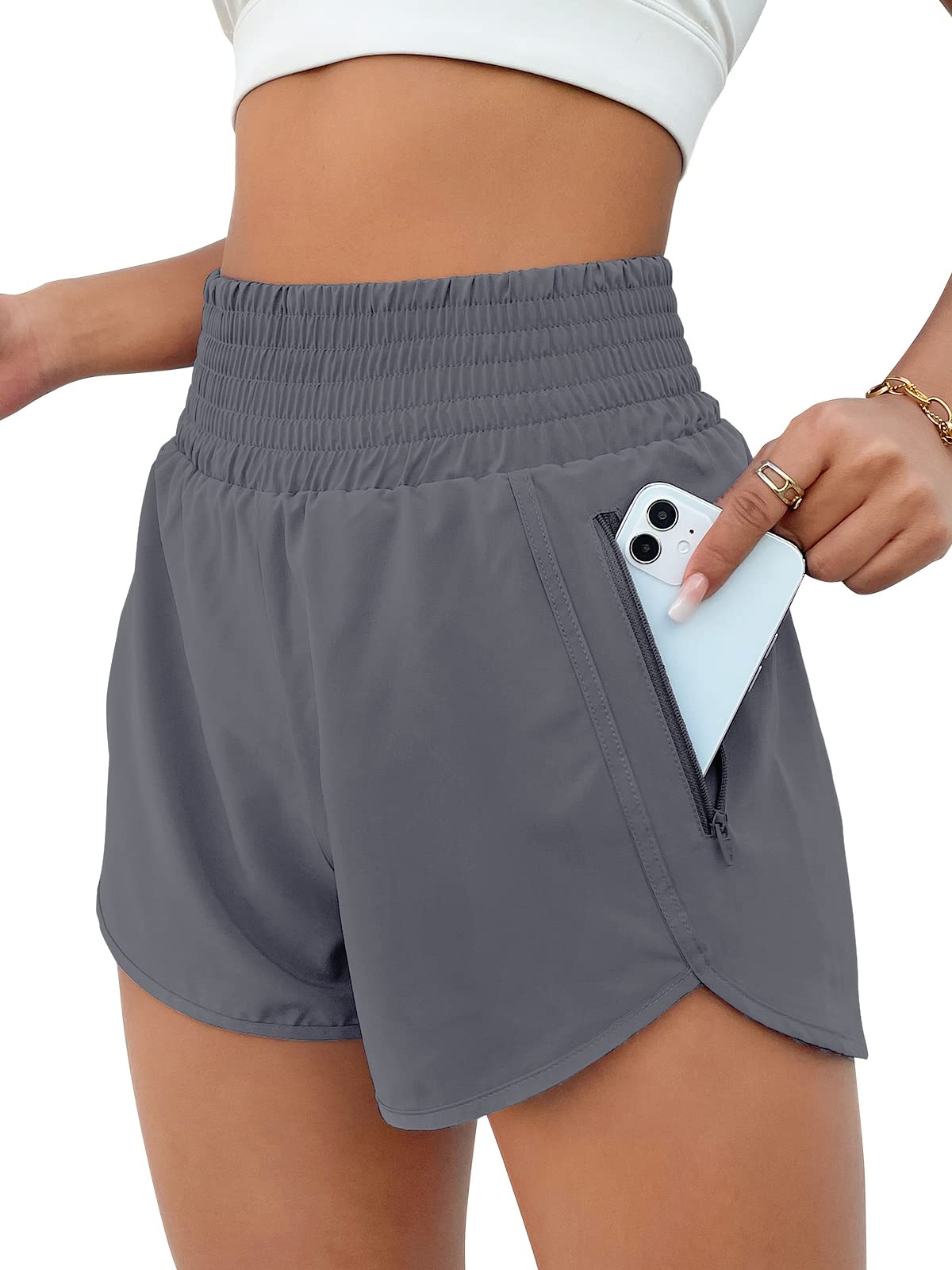 BMJL Women's Athletic Shorts High Waisted Running Short Pocket 2.5" Sporty Shorts Gym Elastic Workout Shorts(M,Flower Grey)