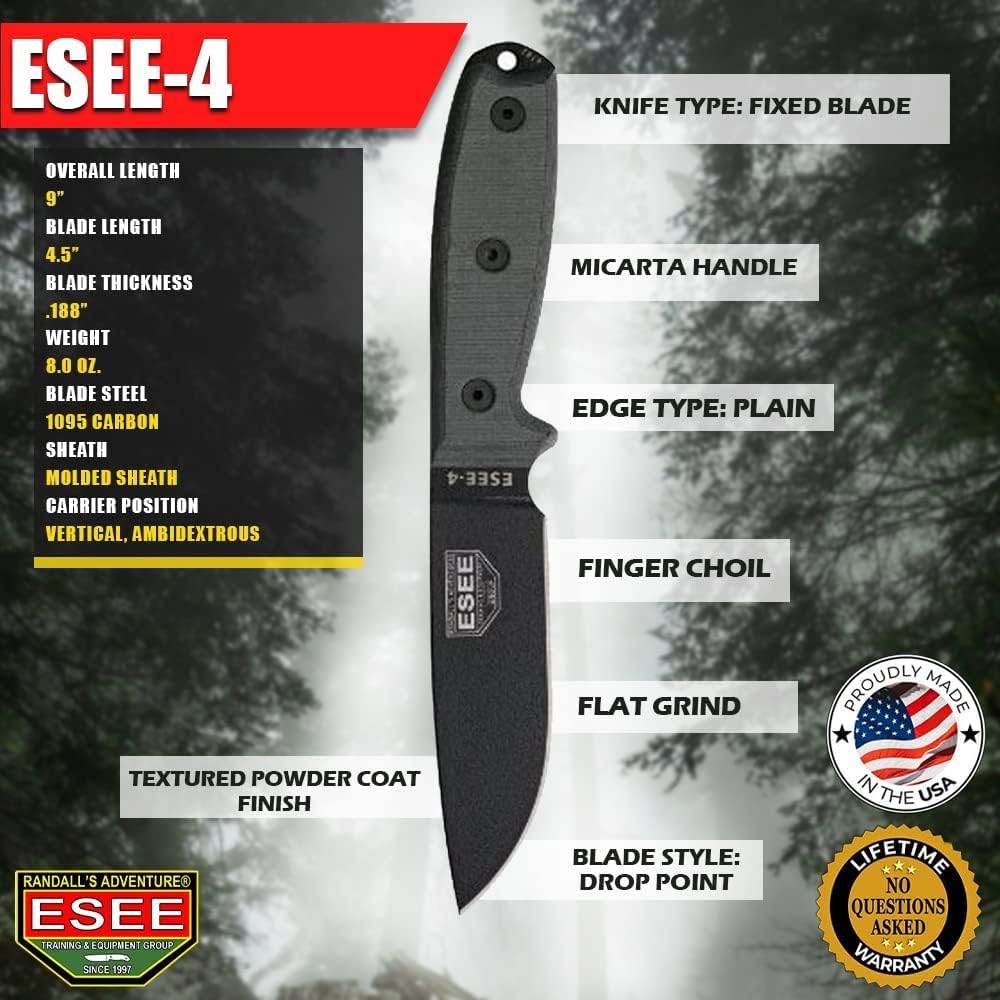 ESEE 4P Survival Knife - Field Tested Fixed Blade Knife with Molded Polymer Sheath & Clip Plate, Full Tang, Plain Edge - Durable Outdoor Camping Blade with Sheath for Survival