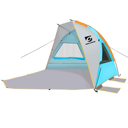Unicamper Beach Tent 2-3 Person Sun Shelter UPF 50+ with Extended Waterproof Pe Floor & 3 Mesh Roll Up Windows Fits, Portable Beach Shade Easy Setup for Outdoor Camping, Indoor, Fishing, Yard. (Blue)
