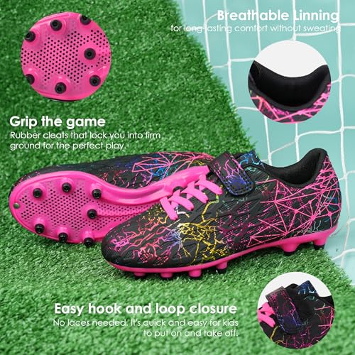 Kids Soccer Cleats for Girls - Firm Ground Football Shoes with Shin Guards & Socks, Size 13 Little Kid - Black Fuchsia
