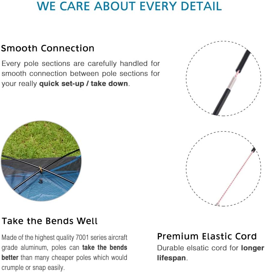 Aluminum Tent Poles Replacement, Fits Both Female and Male Ends, Lightweight Tent Pole Repair Kit, 7001 Aluminum Alloy T6 Heated