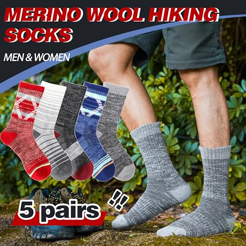5 Pairs Merino Wool Hiking Socks Thermal Winter Warm Moisture Wicking Cushion Outdoor Socks for Women & Men