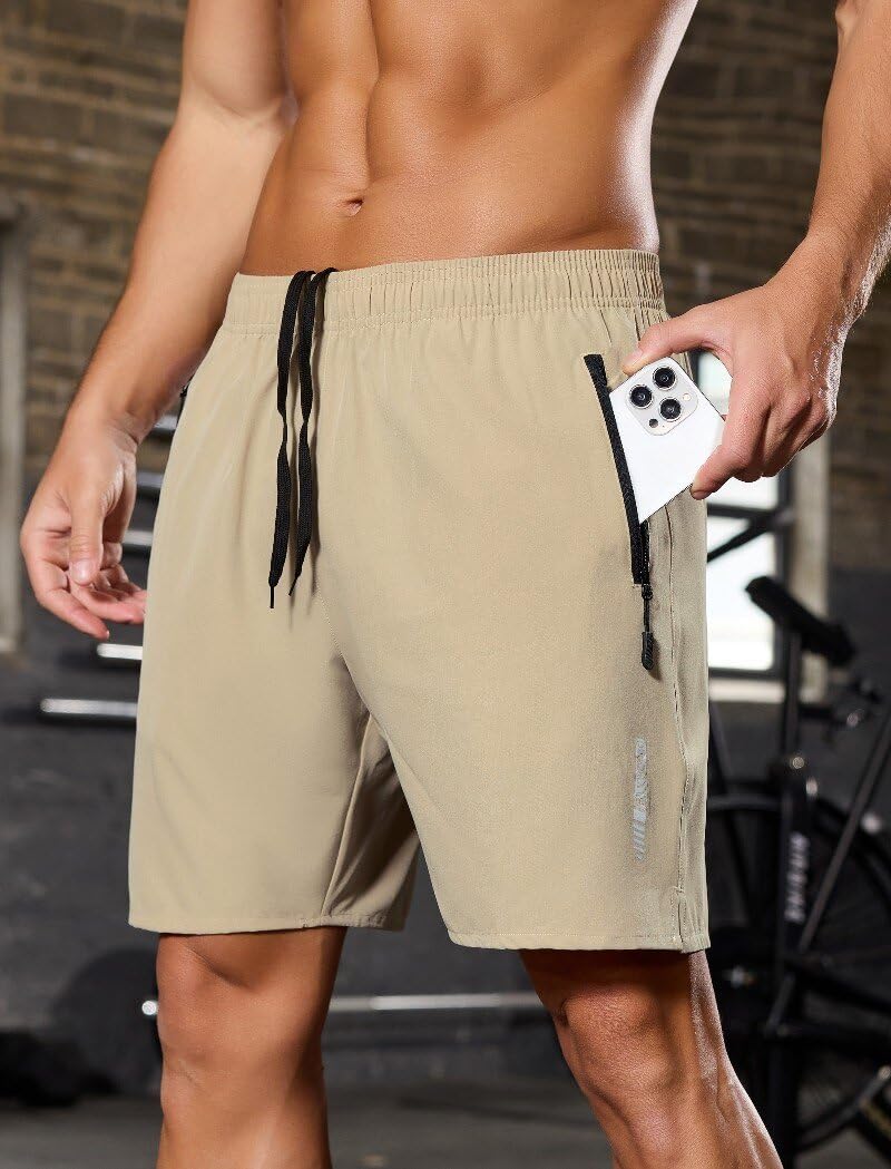 SILKWORLD Men's Athletic Running Shorts 7" Quick Dry Gym Workout Shorts Stretch Side-Split Leg Basketball Shorts with Zip Pockets,Khaki,Medium