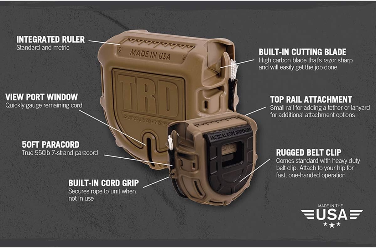 Atwood Rope MFG Tactical 550 Paracord Parachute Cord Rope Dispenser 50ft Spool TRD | Cutting Blade, Belt Clip, Cord Grip, View Port, Integrated Ruler