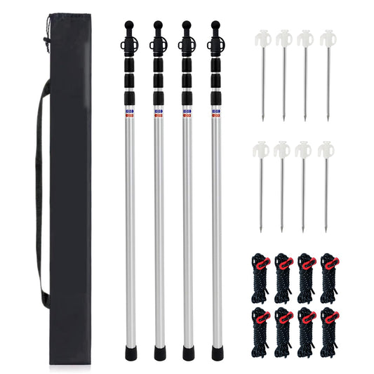 Kaiciuss 98.42'' Aluminum Camping Tarp Poles Adjustable,Telescoping & Portable Tent Poles Replacement (4 Pack), it Comes with 8 Metal Stake, 8 Guy Line Cord with Guyline Adjuster & 1 Storage Bag