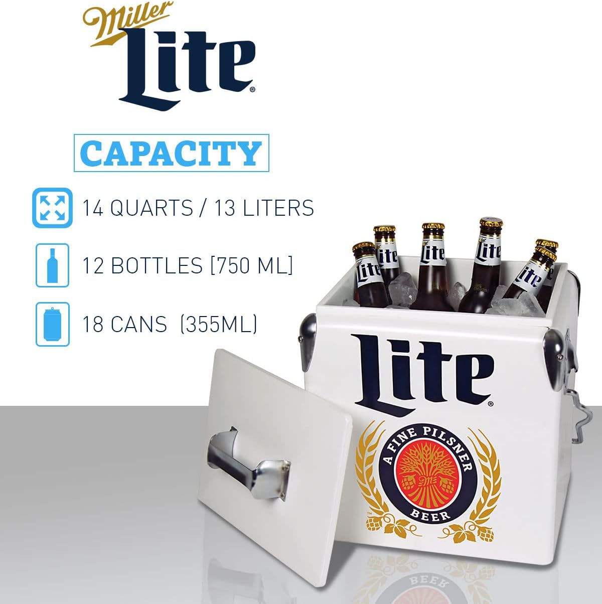 Miller Light Retro Ice Chest Cooler - Portable Ice Bucket with Bottle Opener, Vintage Style, Insulated for Camping, Beach, Picnic, RV, BBQs, Tailgating, Fishing, 18 Can Ice Box, 13L (14 qt)