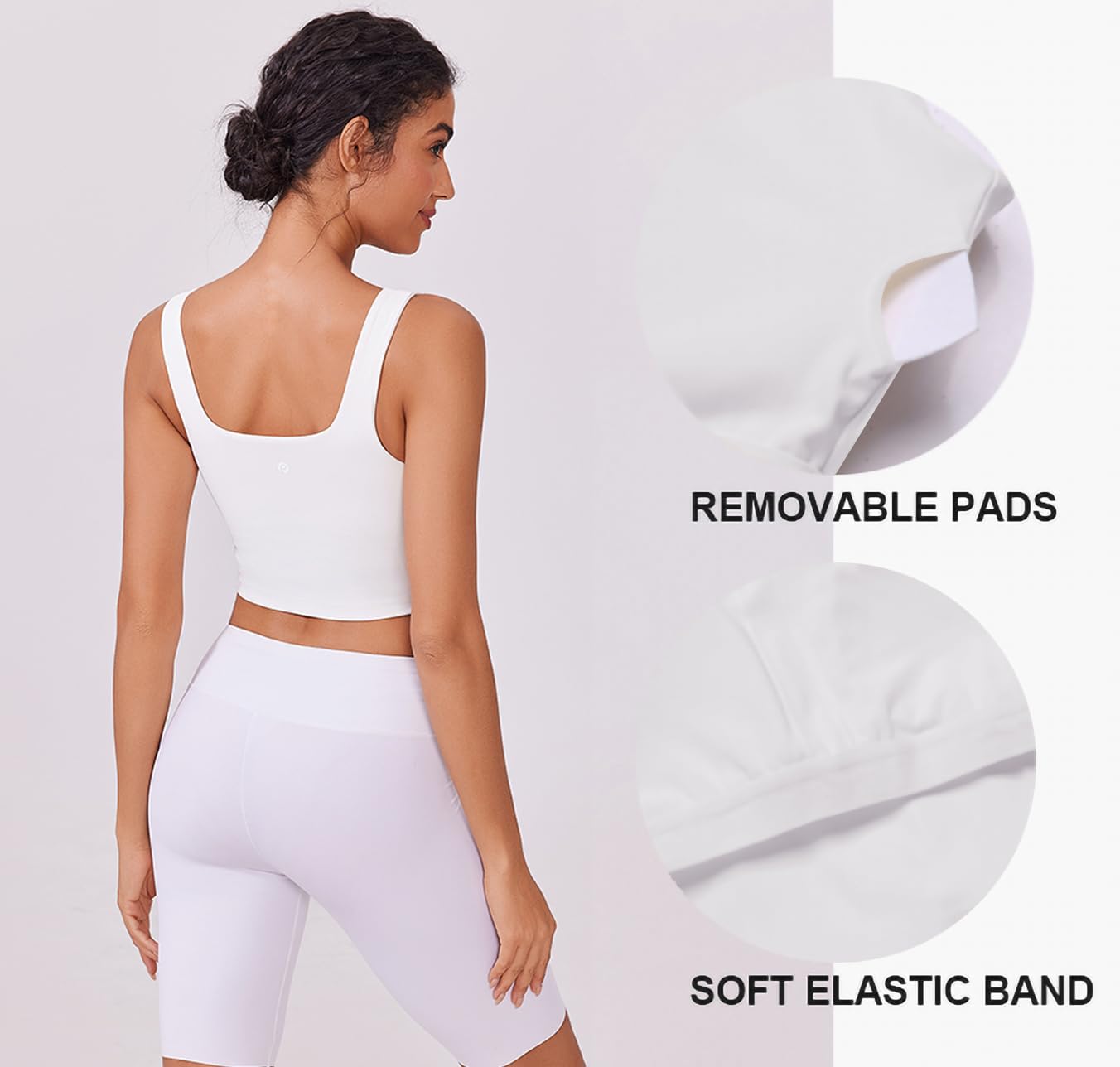 PINSPARK White Sports Bras for Women Wirefree Padded Tank Tops Square Neck Sport Bra Longline Yoga Tops Workout Crop Tank Built in Bra Light Support Large,White