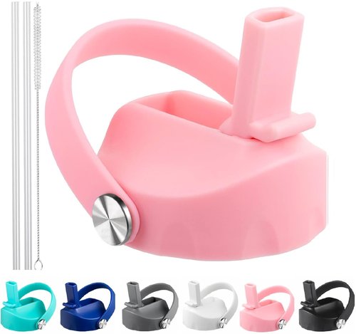 Straw Lid Compatible with 12 16 18 32 40 oz Wide Mouth Hydro Flask, Lids with Straw for Water Bottle Accessories, Replacement Straw Cap with Flex Handle for Hydroflask, Light Pink