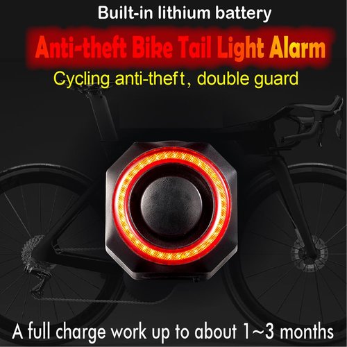 Bike Burglar Alarm with Tail Light, Anti Theft Vibration Triggered Sensing Siren Waterproof Smart Auto Brake Sensing Tail Lamp with Remote, USB Charger Rear Light
