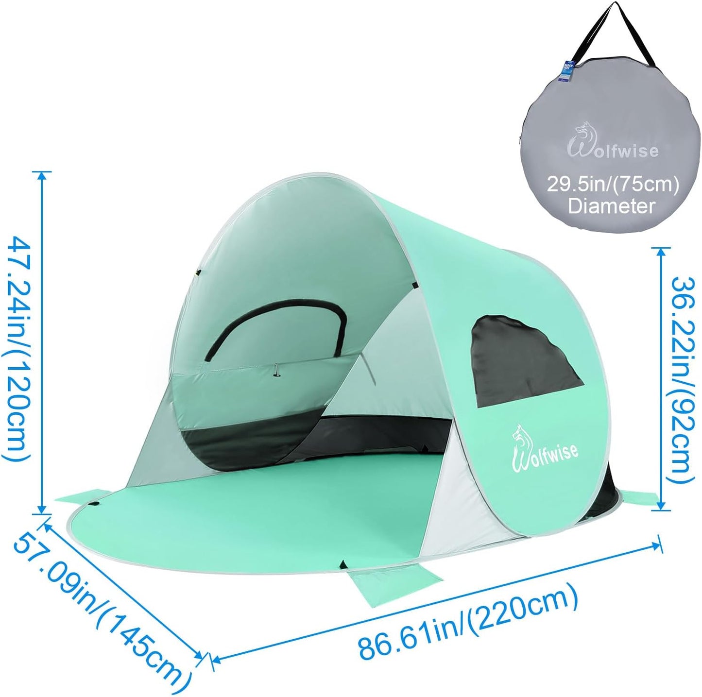 WolfWise UPF 50+ Easy Pop Up 3 Person Beach Tent Sport Umbrella Instant Sun Shelter Tent Sun Shade Canopy