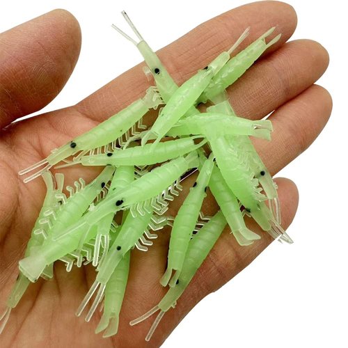 100pcs Shrimp Lure Red/Pink/Glow Green Color Silicone Shrimp Baits Soft Lure Worms Luminous Simulation Prawn Shrimps Size: 0.5g 4.3cm (Luminous Green)