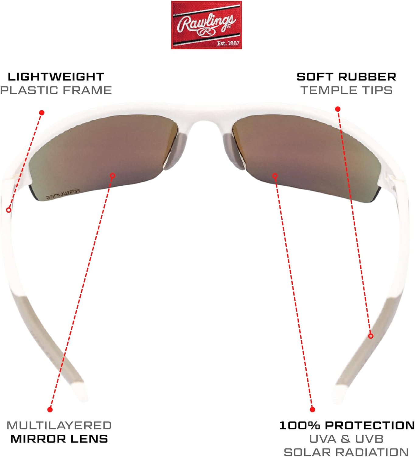 Rawlings Youth Sport Baseball Sunglasses, Lightweight Stylish Shield Lens, 100% UV Poly Lens, Secure Fit, Superior Clarity - White/Orange