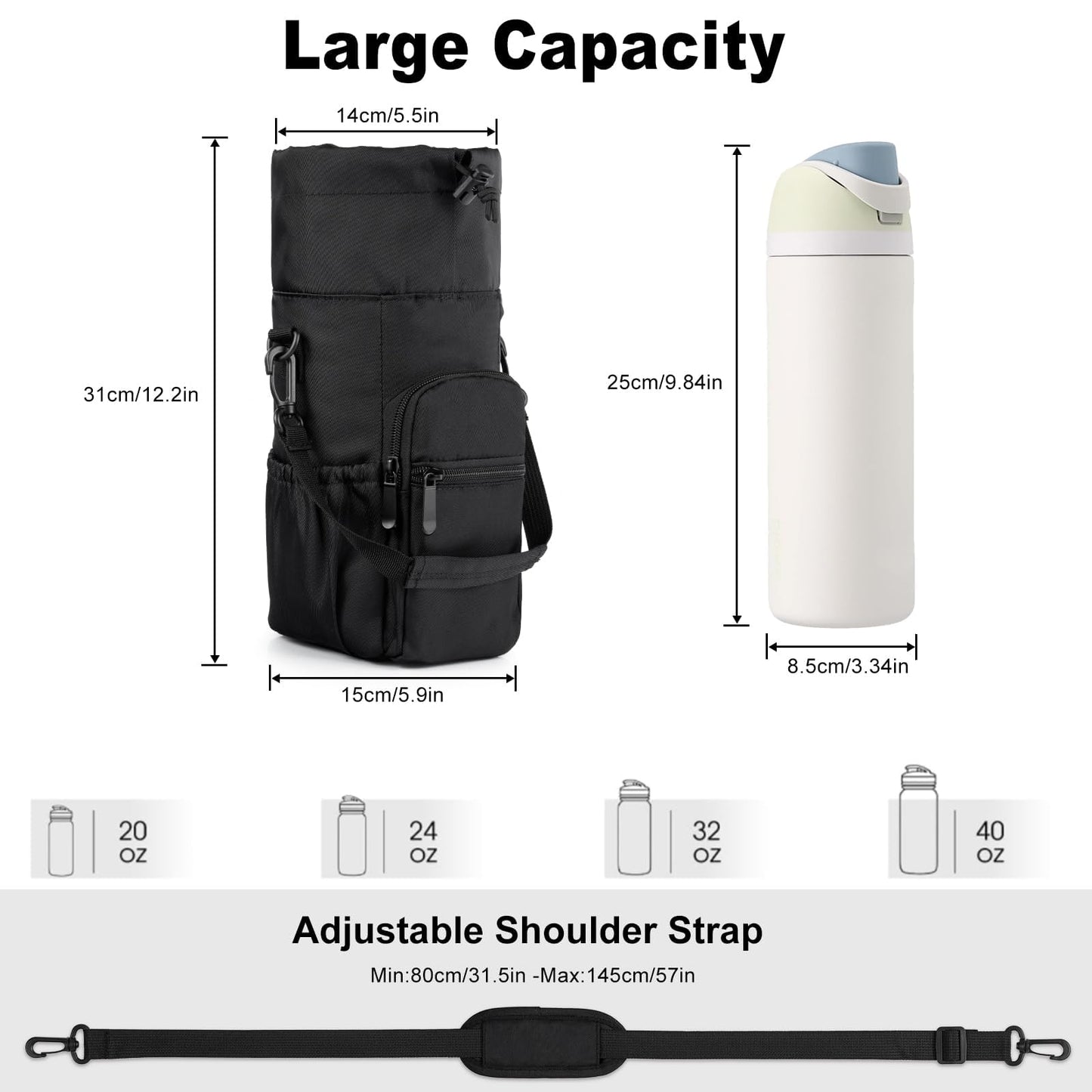 FXTBE Water Bottle Carrier with Strap and Pouch 32oz 40oz 64oz 16oz Water Bottles, Crossbody, Insulated Cooler Bag, Shoulder Sling for Walking, Black