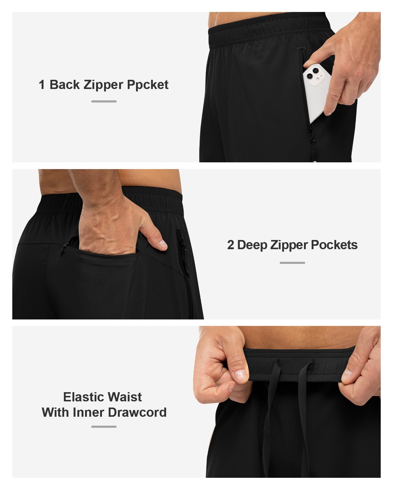 Rdruko Men's Hiking Shorts with Zipper Pockets 7'' Lightweight Quick Dry Workout Shorts Running Athletic Shortss,Black,M