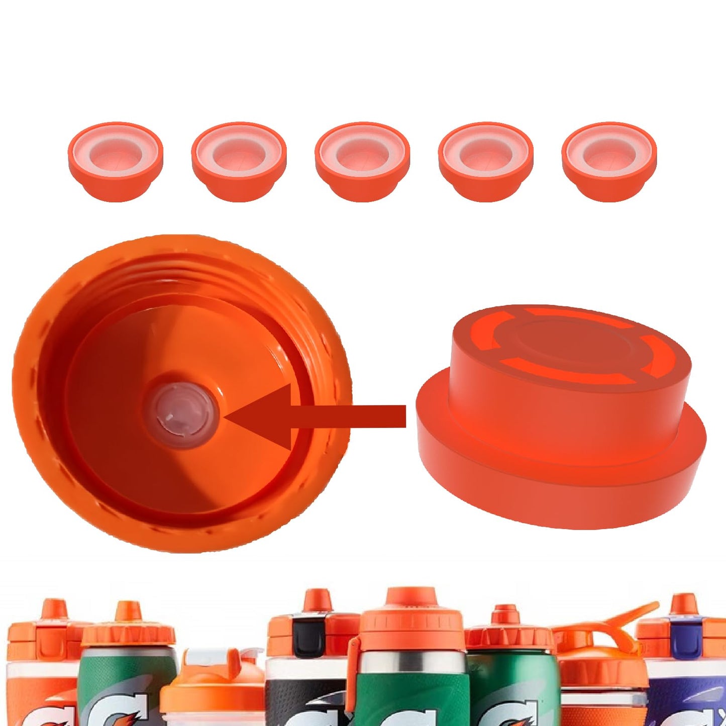 Aufuga 5 Pack Replacement Valves & Silicone Valve Lid Gaskets for Gatorade Water Bottles - Compatible with GX 30oz and Squeeze Bottle 32oz (5, Orange)