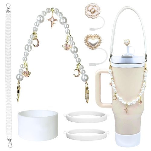 Stanley Accessories Set - Pearl Cup Strap, Silicone Water Bottle Handle, Bling Cup Charm Fits Most 8-40 oz Bottles, 1 Pcs Silicone Boot, 2 Pcs Straw Topper Cover Cap