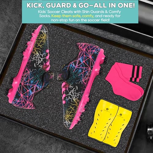Kids Soccer Cleats for Girls - Firm Ground Football Shoes with Shin Guards & Socks, Size 13 Little Kid - Black Fuchsia