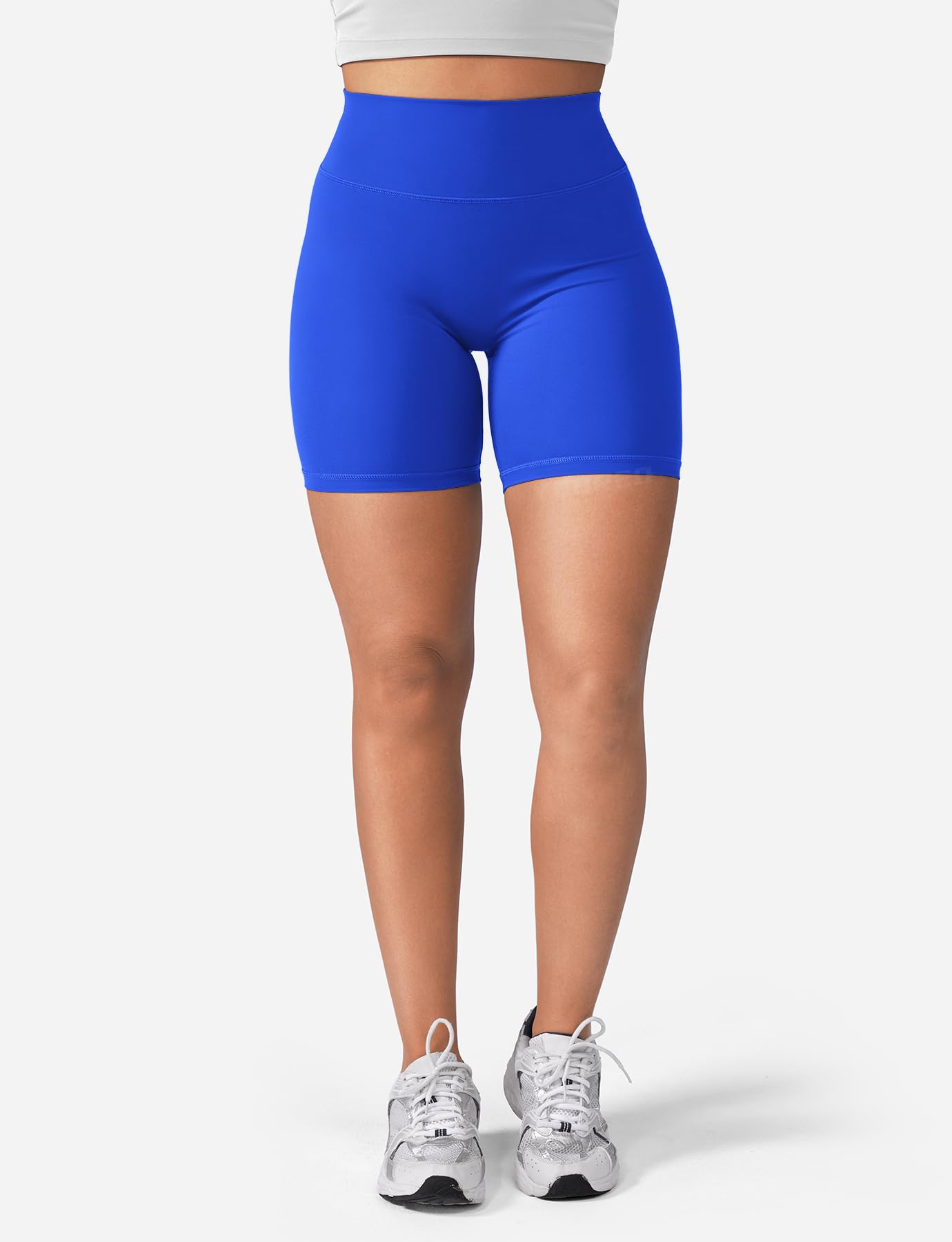 YEOREO Women's Biker Shorts 4.5" / 6" Workout Gym Shorts Craze High Waist Tummy Control Hidden Scrunch Running Yoga Blue L