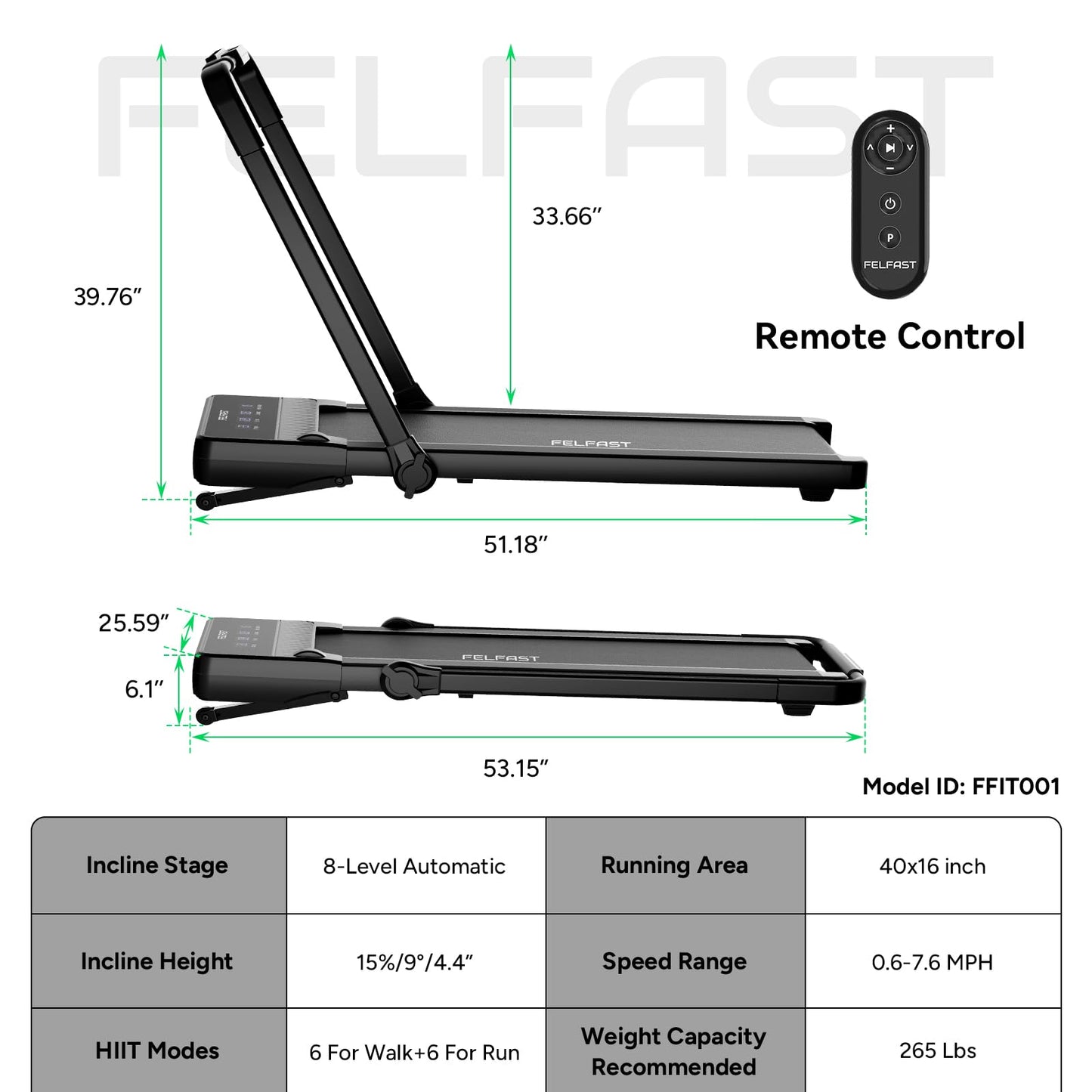 FelFast Walking Pad Treadmill with 15% 9° 8 Level Auto Incline, 2-in-1 Under Desk Foldable w/Remote Control, 12 HIIT Mode, 265 Lbs Max, 7.6 MPH Max, Portable Mini Treadmill for Office Home