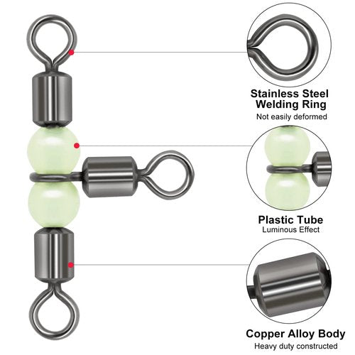 Goture Fishing Swivels,3 Way Swivels Fishing Tackle,T Shape Cross Line Rolling Swivels with Luminous Beads Saltwater Freshwater,Three Way Fishing Swivels Barrel Swivels for Catfish Rig(1 * 2,30pcs)