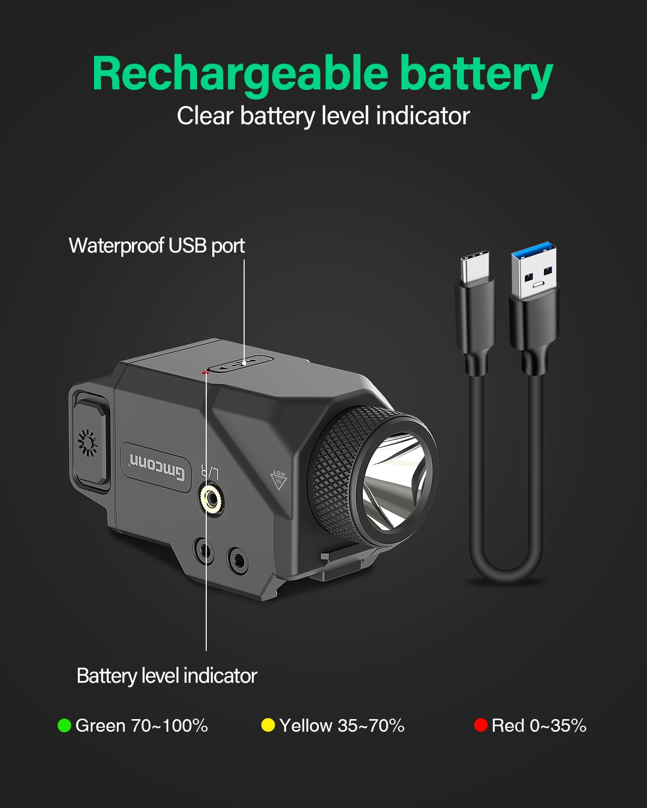 Gmconn 800 Lumen Tactical Flashlight Green Red Blue Laser Light Combo, Rechargeable Pistol Light with Strobe Function (Green Laser)