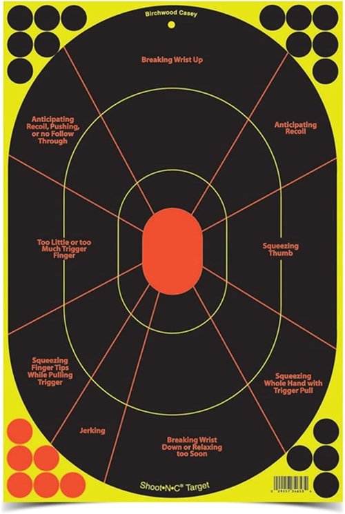 BIRCHWOOD CASEY Shoot-N-C 12" X 18" Combo 5 Reactive Targets - 3 Handgun Trainer & 2 Bad Guy Silhouette Targets - Highly Visible Instant Feedback Self-Adhesive Targets for Pistol Shooting Practice