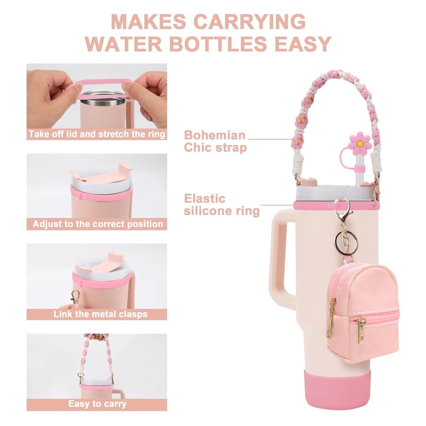 GODLIY 7 PCS Cup Accessories Set Including Water Bottle Handle Strap Silicone Boot,Coin purse,Silicone Cup Boot, Straw Cover for Stanley 30oz & 40oz Tumbler (Pink)