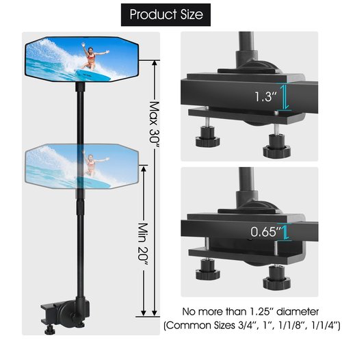 Pontoon Boat Mirror Rear View Pontoon Mirror for Marine Water Skiing,4.7" x 12.2" Extra Large Boat Rear view 360° Adjustable Stable,Easy Clamp on Rail
