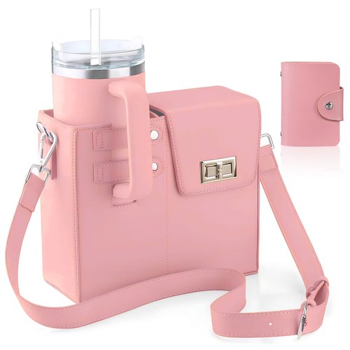 Outdoor Portable Crossbody Water Cup Storage Bag Crossbody Cup Holder Bag Multifunctional Leather Water Bottle Holder with Adjustable Shoulder Strap (Pink)