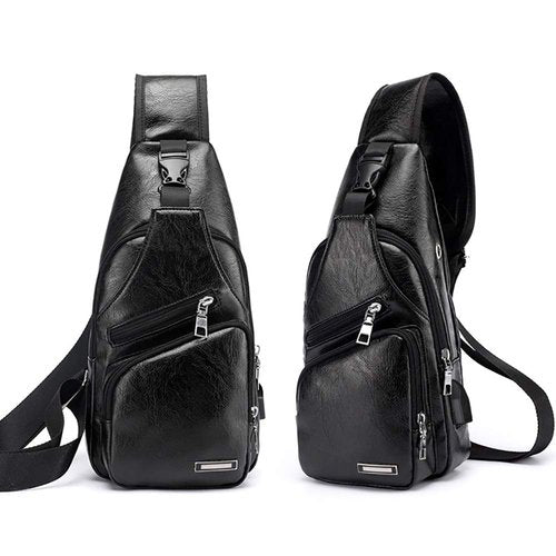 Peicees Pack of 2 Medium Leather Sling Bag Mens Crossbody Bag Chest Bag Sling Backpack for Men with USB Charge Port, Light Brown&Black
