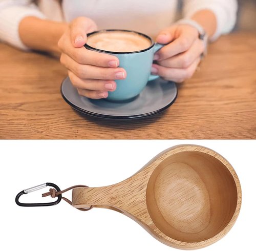 Flimjibg Coffe Mug Portable Wooden Camp Cup with Handle Kuksa Handmade Cool Hot Drinking Viking Mug Unique Natural Wood Grain for Outdoor Travel Hiking Men Women