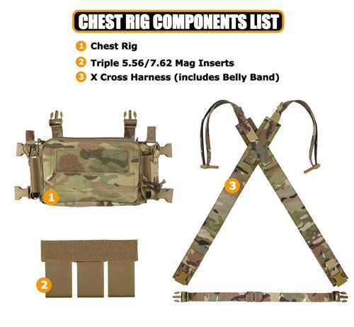 KRYDEX Tactical Chest Rig with Triple 5.56/7.62 Mag Pouch Insert 9mm Mag Pouches and X Harness (MC)
