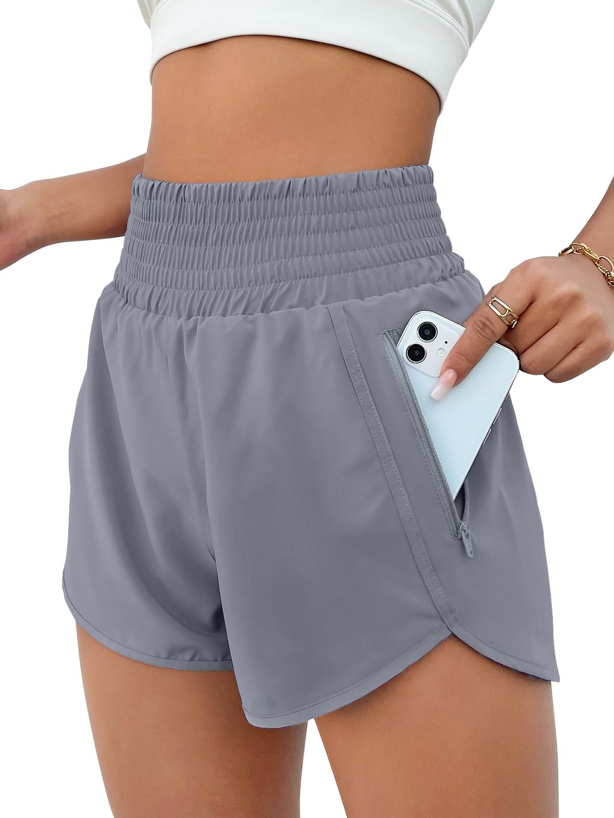 BMJL Women's Athletic Shorts High Waisted Running Short Pocket 2.5" Sporty Shorts Gym Elastic Workout Shorts(L,Purple Grey)