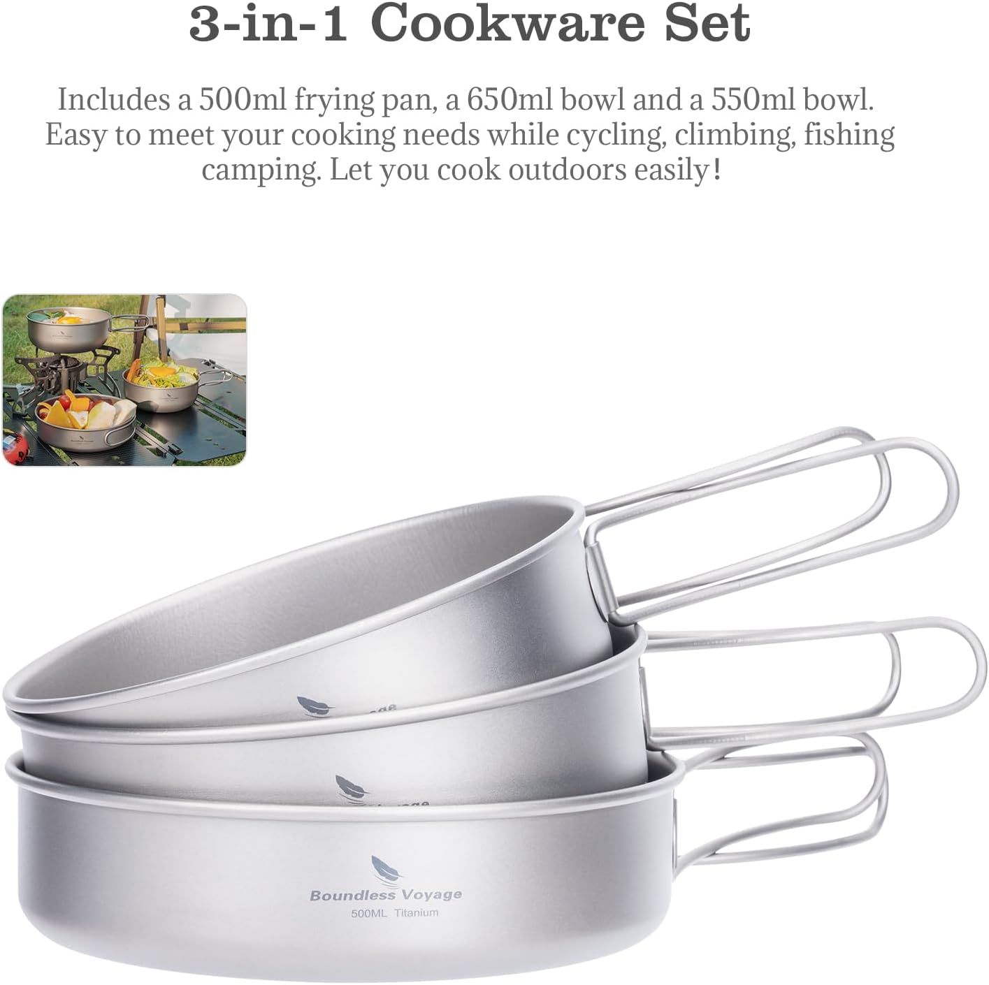iBasingo 3-Piece Set Titanium Pot Set Camping Cooking Pan with Folding-Handle Outdoor Camp Cookware Pot Sets